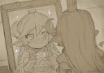  1girl blush charlotta_fenia crown granblue_fantasy harvin jewelry jingai_modoki long_hair mirror monochrome necklace pointy_ears sepia smile twitter_username 