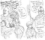  1girl 3boys arrest bb_(baalbuddy) bound bound_wrists braid breasts cleavage commentary cowboy_shot dark_elf dark_skin elf english_commentary english_text fangs female_pervert greyscale hair_over_shoulder halberd halfling highres holding holding_weapon large_breasts long_hair miniskirt monochrome multiple_boys open_mouth orc original pedophile pervert pointy_ears polearm rope scarf simple_background skirt sweat sweating_profusely weapon white_background wide-eyed 