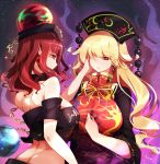  2girls aura bangs bare_shoulders black_choker black_dress black_shirt blonde_hair breasts butt_crack chain choker clothes_writing commentary crop_top dress earrings earth_(ornament) english_commentary eyebrows_visible_through_hair hand_in_hair hand_up headdress hecatia_lapislazuli highres jewelry junko_(touhou) large_breasts long_hair looking_at_another midriff multiple_girls no_nose off-shoulder_shirt off_shoulder pointy_ears polos_crown profile raptor7 red_eyes red_hair shirt short_sleeves t-shirt tabard tassel touhou upper_body 