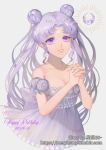  1girl 2019 arm_strap bangs bishoujo_senshi_sailor_moon breasts cleavage collarbone dated double_bun dress earrings eyebrows_visible_through_hair floating_hair grey_background grey_dress grin hands_clasped happy_birthday jewelry long_hair looking_at_viewer medium_breasts meryhsmy own_hands_together princess_serenity purple_eyes shiny shiny_hair silver_hair sleeveless sleeveless_dress smile solo strapless strapless_dress very_long_hair watermark 