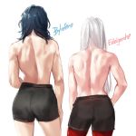  2girls angerykacchan back byleth_(fire_emblem) byleth_(fire_emblem)_(female) contrapposto edelgard_von_hresvelg fire_emblem fire_emblem:_three_houses green_hair highres multiple_girls muscle muscular_female scar signature topless white_background white_hair 