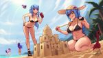  4girls artist_name beach black-framed_eyewear blue_eyes blue_hair braid breasts cleavage collarbone dated day glasses hand_on_hip hat highres hoipus horns kneeling large_breasts long_hair looking_away multiple_girls navel one_eye_closed original outdoors parted_lips poptepipic purple_hair red_eyes sand short_hair shovel signature standing tongue tongue_out water 