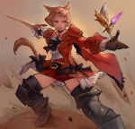  1girl animal_ears boots brown_hair cat_ears cat_girl cat_tail cravat facial_mark fighting_stance final_fantasy final_fantasy_xiv highres kenshin187 miqo&#039;te rapier scar short_hair skirt sword tail thigh_boots thighhighs weapon 