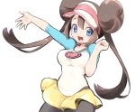  black_legwear blue_eyes blush bow breasts brown_hair chorimokki double_bun hair_between_eyes hat large_breasts legwear_under_shorts long_hair looking_at_viewer mei_(pokemon) open_mouth pantyhose pink_bow pokemon raglan_sleeves shirt short_shorts shorts simple_background smile solo taut_clothes taut_shirt twintails very_long_hair visor_cap white_background yellow_shorts 