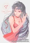  1girl 2019 bangs bishoujo_senshi_sailor_moon black_hair breasts choker cleavage collarbone dated dress earrings floating_hair grey_background happy_birthday hino_rei jewelry long_hair medium_breasts meryhsmy multicolored_hair nail_polish necklace parted_lips pink_hair purple_eyes red_dress red_nails red_ribbon ribbon ribbon_choker shiny shiny_hair sleeveless sleeveless_dress solo two-tone_hair upper_body very_long_hair watermark 