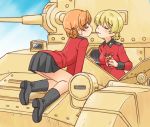  2girls all_fours arm_support bangs black_bow black_footwear black_skirt blonde_hair blue_sky boots bow braid churchill_(tank) closed_eyes closed_mouth cloud cloudy_sky commentary darjeeling_(girls_und_panzer) day epaulettes eyebrows_visible_through_hair food girls_und_panzer ground_vehicle hair_bow holding holding_food insignia jacket kneeling leaning_forward long_sleeves military military_uniform military_vehicle miniskirt motor_vehicle multiple_girls on_vehicle orange_hair orange_pekoe_(girls_und_panzer) outdoors parted_bangs pleated_skirt pocky pocky_kiss red_jacket short_hair skirt sky smile st._gloriana&#039;s_military_uniform tank tied_hair twin_braids uniform uona_telepin yuri 