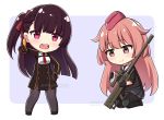  2girls anti-materiel_rifle bangs black_dress black_footwear black_gloves black_legwear black_shirt black_skirt blue_background braid breasts brown_eyes brown_hair chibi closed_mouth collared_shirt commission dress eyebrows_visible_through_hair girls_frontline gloves gun hair_ribbon hand_on_hip holding holding_gun holding_weapon long_sleeves looking_at_viewer multiple_girls necktie ntw-20 ntw-20_(girls_frontline) object_namesake one_side_up open_mouth pantyhose pink_hair pleated_skirt pointing pointing_at_viewer red_eyes red_neckwear red_ribbon ribbon rifle rynzfrancis sailor_collar shirt short_necktie short_sleeves skirt small_breasts smile sniper_rifle two-tone_background wa2000_(girls_frontline) weapon white_background white_sailor_collar white_shirt 