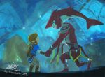  2boys belt bettykwong blonde_hair blue_shirt boots grin holding_hands kneeling link looking_at_another multiple_boys pointy_ears red_skin shield shirt sidon smile the_legend_of_zelda the_legend_of_zelda:_breath_of_the_wild zora 