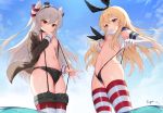  2girls amatsukaze_(kantai_collection) armpits bare_shoulders bikini_bottom black_bikini_bottom black_ribbon blonde_hair blue_sky breasts brown_eyes cameltoe choker closed_mouth cloud crop_top crop_top_overhang day elbow_gloves from_below frown gloves grey_hair grey_shirt groin hair_between_eyes hair_ribbon hair_tubes hairband hand_up hat highres kantai_collection long_hair long_sleeves looking_at_viewer medium_breasts mini_hat mole mole_on_breast multiple_girls navel neckerchief no_bra no_pants open_clothes open_shirt outdoors parted_lips ribbon sailor_collar shimakaze_(kantai_collection) shirt skindentation sky sleeveless sleeveless_shirt stomach striped striped_legwear sunlight suspenders thighhighs thighs thong tttanggvl two_side_up underboob wading water white_gloves white_shirt yellow_eyes 