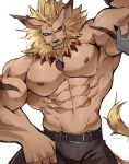  5_fingers abs anthro arm_grab belt blonde_mane bodily_fluids bottomwear brown_body brown_nipples chung0_0 claws clothed clothing digimon digimon_(species) ear_piercing ear_ring fangs fingers hi_res leomon male mane muscular muscular_male nipples pants pecs piercing purple_eyes simple_background solo_focus sweat sweatdrop tail_tuft topless tuft white_background 