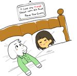  2015 ambiguous_gender anthro asriel_dreemurr bed blush boss_monster bovid brown_hair caprine chara/frisk/bacon_(character) clothing duo english_text fur furniture green_clothing green_shirt green_topwear hair human humor inkerton-kun lying male mammal meme on_back on_bed protagonist_(undertale) shirt sign simple_background text topwear under_covers undertale video_games white_background white_body white_fur 
