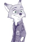  2017 anthro canid canine cheek_tuft clothed clothing comic disney facial_tuft fox fur mammal neck_tuft necktie nick_wilde police_uniform red_fox shirt simple_background smile solo topwear tuft uniform white_background zootopia へべ 