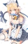  1girl animal_ears apron bangs bare_shoulders bell black_dress blonde_hair blush braid breasts cat_ears cat_tail cleavage damda dress fate/apocrypha fate_(series) fish jeanne_d&#039;arc_(fate) jeanne_d&#039;arc_(fate)_(all) jingle_bell large_breasts long_braid long_hair looking_at_viewer maid_headdress mouth_hold simple_background single_braid sitting solo sparkle tail thighhighs thighs very_long_hair waist_apron wariza white_background white_legwear yellow_eyes 
