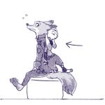  2017 anthro back_to_back bottomwear canid canine clothed clothing comic disney ears_down fox fully_clothed fur judy_hopps lagomorph leporid mammal nick_wilde pants pivoted_ears police_uniform rabbit red_fox shirt side_view sitting topwear uniform zootopia へべ 