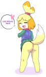  &lt;3 animal_crossing anthro big_butt blush bodily_fluids bottomless butt canid canine canis clothed clothing dialogue domestic_dog dorothy_(artist) english_text eyes_closed female fur genital_fluids genitals hair isabelle_(animal_crossing) mammal nintendo open_mouth partially_clothed pussy pussy_juice shih_tzu simple_background smile solo standing text tongue toy_dog video_games yellow_body yellow_fur 