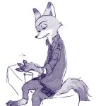  2017 anthro bottomwear canid canine clothed clothing comic disney fox fully_clothed fur mammal necktie nick_wilde pants police_uniform red_fox shirt simple_background sitting solo topwear uniform white_background zootopia へべ 