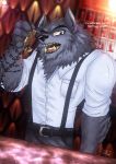  absurd_res anthro black_eyes black_nose blue_body blue_fur bluewolfartista canid canine canis claws eyebrows feral fluffy fluffy_hair fur hair hi_res hotel_room hybrid male mammal muscular phone sharp_claws sharp_teeth solo tattoo teeth wolf 