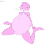  abdominal_bulge amphibian anthro belly big_belly breasts canime female female_pred frog kneeling medium_breasts nipples non-mammal_breasts nude oral_vore vore 