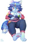  2018 absurd_res anthro aruurara barefoot beverage blonde_highlights blue_body blue_fur blue_hair blush breasts cleavage clothed clothing domestic_cat drinking felid feline felis female food fur hair hi_res highlights_(coloring) jacket kemono mammal nanahoshi_suzu pawpads simple_background sitting smile solo straw sweatpants topwear tracksuit virtual_youtuber vtuber white_background yellow_eyes 