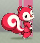  abstract_background animal_crossing anthro big_tail breasts butt clothed clothing female fur holding_breast lkiws looking_at_viewer looking_back mammal nintendo one_eye_closed partially_clothed poppy_(animal_crossing) red_body red_fur rodent sciurid short_stack side-tie_bikini smile solo tree_squirrel undressing video_games white_body white_fur wink 