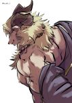  anthro azazel_(tas) blonde_hair bovid brown_body caprine chain clothing goat hair horn looking_back male mammal muscular muscular_male nipples pecs red_eyes simple_background solo tokyo_afterschool_summoners undressing video_games white_background yu_chi_i 