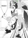  2016 alternate_version_at_source anthro blush bodily_fluids bottomwear canid canine clothed clothing comic disney duo edit english_text fox fully_clothed fur green_eyes hard_translated hi_res judy_hopps kissing lagomorph leporid mammal necktie nick_wilde pants puki rabbit red_fox shirt sitting sweat sweatdrop text topwear translated zootopia 