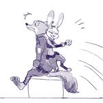  2017 anthro belt bottomwear canid canine clothed clothing comic disney duo eyes_closed fox fully_clothed fur judy_hopps lagomorph leporid mammal nick_wilde pants police_uniform rabbit red_fox shirt side_view sitting smile topwear uniform zootopia へべ 
