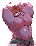  &lt;3 armpit_hair body_hair bottomwear clothed clothing cutoffs daisy_dukes denim denim_clothing flexing fur gengar hands_behind_head hat headgear headwear hi_res hidden_eyes hotpants kokuhane kokuhane_(character) male muscular muscular_male nintendo pecs pok&eacute;mon pok&eacute;mon_(species) purple_body purple_fur shorts simple_background smile solo topless video_games white_background 