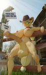  3d_(artwork) abs absurd_res animal_genitalia animal_penis anthro anthrofied applejack_(mlp) balls barn barrel big_balls big_breasts big_penis bodily_fluids breasts clothing cowboy_hat cum digital_media_(artwork) equid equine equine_penis erection farm feet fence friendship_is_magic genital_fluids genitals grass gynomorph hat headgear headwear hi_res horse huge_balls huge_breasts huge_penis humanoid_feet hyper hyper_balls hyper_genitalia hyper_penis intersex looking_at_viewer mammal medial_ring milk_jug_(object) milk_tank muscular muscular_gynomorph muscular_intersex my_little_pony nipples penis pony sign smile solo stetson stetson_hat tree unnero1 