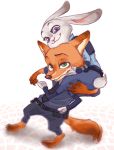  2018 anthro bottomwear brown_body brown_fur canid canine carrying clothed clothing disney duo fox fully_clothed fur green_eyes grey_body grey_fur high-angle_view judy_hopps lagomorph leporid mammal necktie nick_wilde pants police_uniform purple_eyes rabbit red_fox shirt smile standing topwear uniform zootopia へべ 