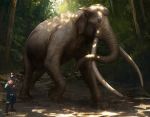  2019 absurd_res arvalis day detailed_background digital_media_(artwork) duo elephant elephantid feral forest grass hi_res human mammal outside proboscidean tree 