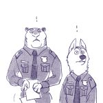  ! anthro canid canine canis clothed clothing disney duo felid fully_clothed fur holding_object mammal monochrome necktie pantherine police_uniform shirt simple_background tiger topwear uniform white_background wolf zootopia へべ 