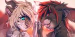  2020 anthro black_hair blonde_hair blue_eyes duo eyebrows eyelashes felid feline fingers fur grey_body grey_fur hair horn hybrid kyander lagomorph leporid mammal rabbit red_eyes smile 