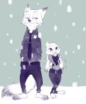  2017 anthro barefoot bottomwear canid canine clothed clothing comic disney duo ears_down fox fully_clothed fur judy_hopps lagomorph leporid mammal necktie nick_wilde pants pivoted_ears rabbit red_fox shaking shirt shivering snow snowing standing topwear zootopia へべ 