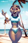  4_fingers anthro beach bikini borotamago breasts clothed clothing day disney female fingers fur grey_body grey_fur hi_res judy_hopps lagomorph leporid looking_at_viewer mammal open_mouth outside rabbit seaside solo standing swimwear thick_thighs wide_hips zootopia 