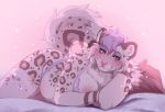  anthro blush bra breasts cheek_tuft clothing facial_tuft felid female jush lavender_hair leopard_spots lingerie looking_at_viewer lying mammal on_front pantherine pink_background pink_nose simple_background smile snow_leopard solo spots tuft underwear 