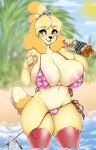  2020 5_fingers absurd_res alcohol animal_crossing anthro areola bell beverage big_breasts bikini black_nose blonde_hair blush bottle breasts canid canine canis clothing colored_nails curvy_figure digital_media_(artwork) domestic_dog female female_focus fingers fish green_eyes hair hi_res holding_object huge_breasts huge_thighs isabelle_(animal_crossing) legwear mammal marine micro_bikini nails navel niis nintendo nipple_outline partially_submerged seaside shark shih_tzu solo squish swimwear thick_thighs thigh_highs thigh_squish tongue tongue_out toy_dog video_games voluptuous wardrobe_malfunction water whiskey 