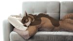  anthro bed biceps brown_body brown_fur canid canine canis claws eyes_closed fangs fur furniture kero_tzuki laying_on_couch lying male mammal multicolored_body multicolored_fur muscular muscular_male nude on_couch on_front pillow rakan simple_background sleeping solo teeth were werecanid werecanine werewolf whiskers wolf 