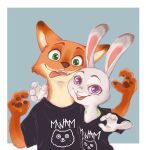  2018 anthro arm_around_shoulders border brown_body brown_fur buckteeth canid canine clothed clothing disney duo fox fur green_eyes judy_hopps lagomorph leporid mammal nick_wilde open_mouth open_smile purple_eyes rabbit red_fox shirt silly simple_background smile t-shirt teeth tongue tongue_out topwear white_border zootopia へべ 