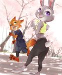  2019 anthro barefoot buckteeth canid canine cherry_blossom claws clothed clothing detailed_background disney duo fox fully_clothed fur green_eyes judy_hopps lagomorph leporid mammal nick_wilde open_mouth open_smile orange_body orange_fur outside pawpads plant purple_eyes rabbit red_fox running smile teeth toe_claws tree zootopia へべ 