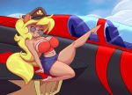  aircraft airplane anthro big_breasts blonde_hair bottomwear breasts callie_briggs clothing cloud domestic_cat eyewear felid feline felis female fingerless_gloves gloves hair handwear hanna-barbera jet joelasko looking_at_viewer mammal midriff miniskirt one_leg_up pinup pose raised_leg skirt sky solo sunglasses swat_kats thick_thighs tube_top 