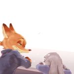  2019 ambiguous_gender anthro brown_body brown_fur canid canine clothed clothing disney duo eyes_closed female_(lore) fox fur grey_body grey_fur judy_hopps lagomorph leporid looking_at_another mammal nick_wilde rabbit red_fox simple_background sleeping smile white_background zootopia へべ 