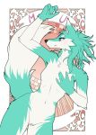  2019 5_fingers absurd_res anthro black_nose blue_eyes breasts canid canine canis featureless_breasts female fingers fur green_body green_fur hi_res mammal navel nude solo white_body white_fur wolf xan_(pixiv) 