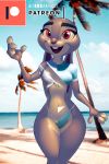  anthro beach bikini borotamago breasts clothing disney female fur grey_body grey_fur hi_res judy_hopps lagomorph leporid mammal outside patreon rabbit seaside solo swimwear thick_thighs torn_clothing wide_hips zootopia 