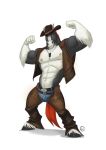  2017 5_fingers abs anthro belt biceps biped black_body black_eyebrows black_fur black_hooves blue_eyes bottomwear brown_bottomwear brown_clothing brown_topwear chaps clothed clothing digital_media_(artwork) dog_tags equid equine eyebrows fingers flexing front_view full-length_portrait fur furrybob hi_res hooves horse jeans jodira male mammal multicolored_body multicolored_fur muscular muscular_male navel nipples pants pecs pink_nipples portrait raised_eyebrow red_tail signature simple_background smile smirk solo standing topwear two_tone_body two_tone_fur vest white_background white_body white_fur 
