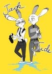  2018 anthro clothed clothing crossgender disney duo ear_markings facial_markings ftm_crossgender fully_clothed fur head_markings hi_res holding_cup holding_gun holding_object holding_weapon jack_savage judy_hopps lagomorph leporid looking_at_another mammal markings mochigolo618 police_uniform rabbit simple_background standing uniform weapon yellow_background zootopia 