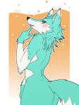  2020 absurd_res anthro blue_eyes blush canid canine canis female fur green_body green_fur hi_res looking_at_viewer mammal nude solo standing white_body white_fur wolf xan_(pixiv) 