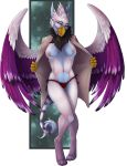  2020 4_toes 5_fingers anthro archery_(artist) areola avian breasts clothing digital_media_(artwork) eyebrows eyelashes feathered_wings feathers female fingers green_eyes gryphon hi_res mythological_avian mythology nipples non-mammal_breasts panties purple_body purple_feathers solo toes underwear wings 