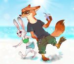  2018 anthro arm_grab barefoot beach brown_body brown_fur canid canine cheek_tuft clothed clothing disney duo eyewear facial_tuft female fox fully_clothed fur glasses grey_body grey_fur holding_cup holding_object judy_hopps lagomorph leporid light male mammal nick_wilde open_mouth open_smile rabbit red_fox seaside shirt smile straw sun sunlight t-shirt topwear tuft walking water zootopia へべ 