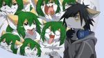  black_hair bodily_fluids clothing domestic_cat felid feline felis female green_hair hair haruz headphones male mammal sollyz sundyz tears text tongue tongue_out 